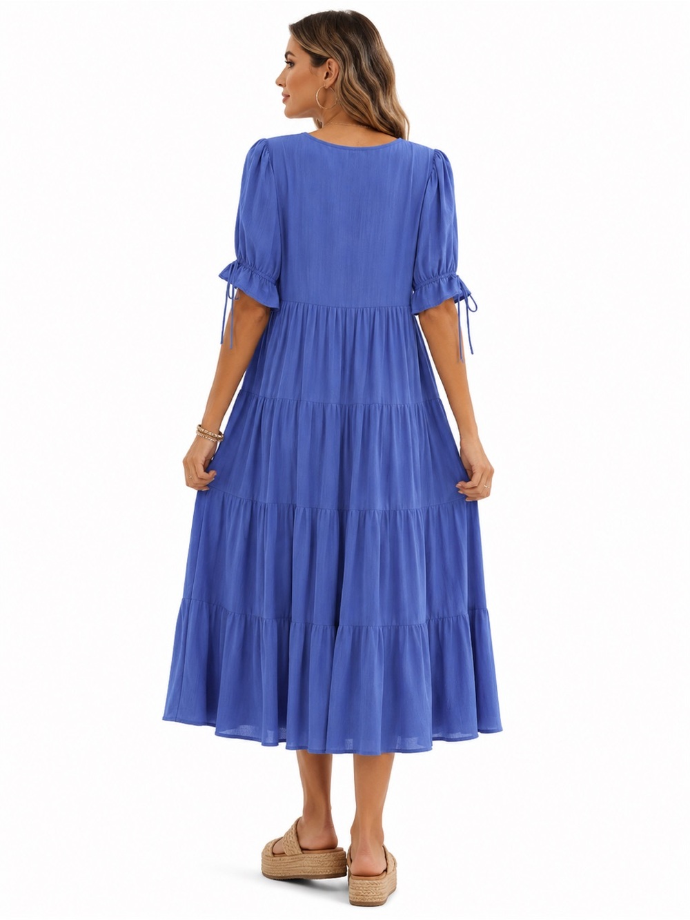 Blue Tiered Midi Dress Boho Cottagecore Button Front Puff Sleeve NWOT Small/Med - Picture 3 of 12